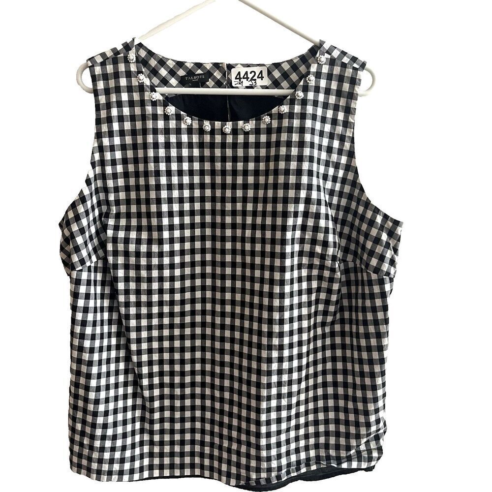 Talbots sleeveless shell 16W Plus Black White Check Gingham Floral Beaded Womens